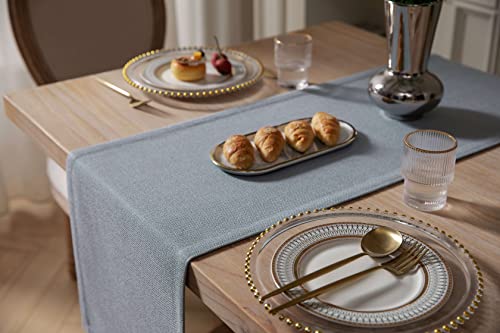 Image of ZeeMart Burlap Style Farmhouse Table Runners 90 Inches Long, Dusty Blue Rustic Woven Dining Table Runner for Everyday Use, 14x90 Inches, Light Dusty Blue