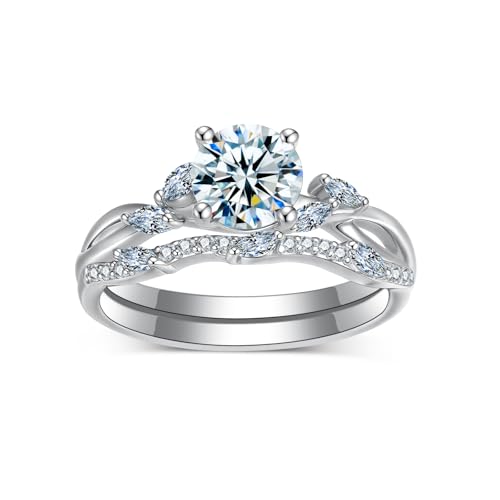 1-4/5 Carats Round Cut Moissanite Engagement Ring Sets for Women,18K White Gold Platinum Plated Infinity Wedding Rings Sets With Leaf S925 Stackable Bridal Ring Sets Gift for Anniversary Wedding
