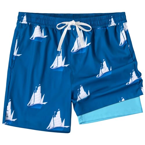 Image of XOMZG Men's Swim Trunks, 2 in 1 Bathing Suits Quick Dry Beach Hawaiian Board Shorts with Pockets