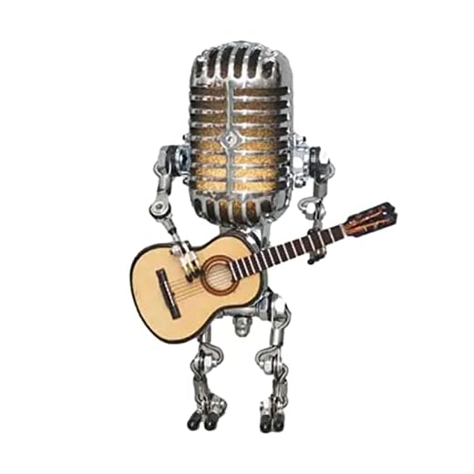 JYFanse Luz de Mesa Robot Especial, Lámpara Robot de Micrófono de Resina con Mini Guitarra, Lámpara de Robot con micrófono de Resina Vintage, lámpara de Mesa LED para Guitarra, lámpara de luz