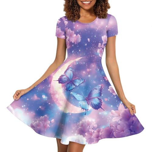 Image of HUGS IDEA Womens Puffy Swing Midi Dress Round Neck Short Sleeve Party A-Line Dresses