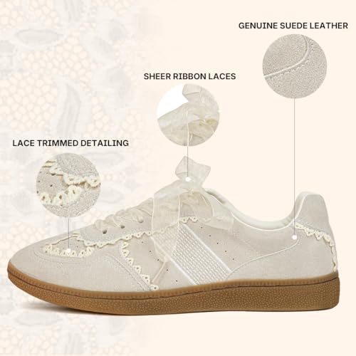 Image of Casual Sneakers for Women Lace Detail Elegant Ribbon Lace-Up Fashion Sneakers with Leather Upper Memory Foam Insole and Trendy Casual Shoes for Women
