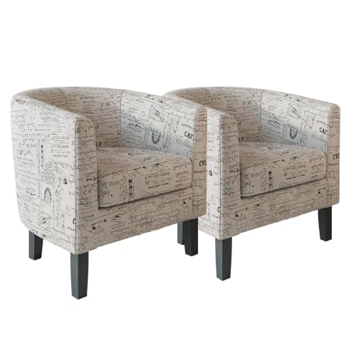 Image of BELLEZE Accent Barrel Chair Set of 2, Linen Round Chair Club Tub Sofa Corner Chair with Flared Legs and Cozy Soft Padding for Living Room Bedroom Waiting Room - Black & Beige