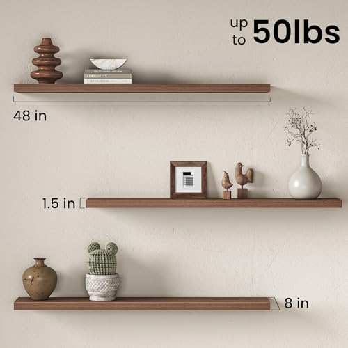 Image of Fun Memories 48Inch Floating Shelves for Wall, 8 Inch Deep Shelves for Bathroom|Bedroom|Kitchen, Large Wall Mounted Wood Hanging Shelf with Invisible Brackets for Home Storage Decor, Walnut - 2 Pack
