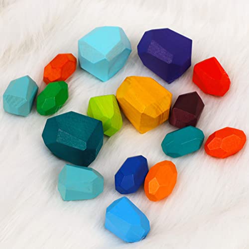 Image of Cllayees 16 Pcs Wooden Stacking Blocks Rocks Building Toys, Colored Solid Wood Stones Pre-School Educational Games Creative Toys for Kids Toddlers (Pack of 2)