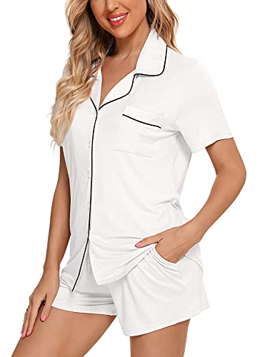 Senert Womens Pajama Sets Sleepwear Short Sleeve Classic Tops With Capri Pjs Set White,Large #TOP2