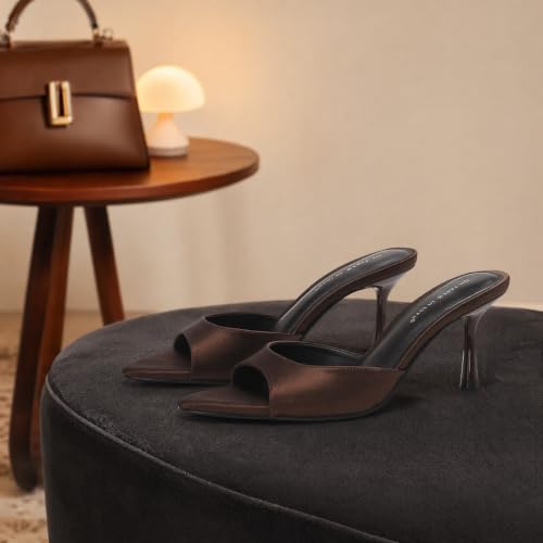 Image of On feet& in love Women's Slip-On Stiletto Heel Mule Sandals, Peep Toe, apricot, 2.95 Inch Heel, Casual Party Wedding Slides
