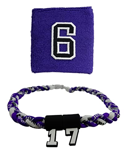 Sports Farm - Customized Sport Wristband and Necklace Combo Set with Jersey Number - Purple (Purple White)