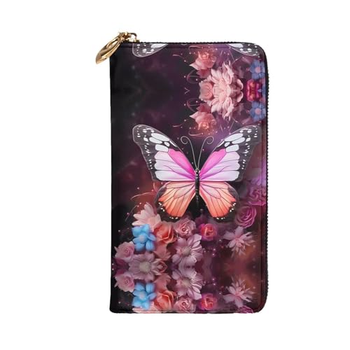 Leather Wallet 7.48 x 4.13 in - Stylish and Durable Wallet for Women with Multiple Compartments and Zipper Design Butterflies and Flowers Pattern2