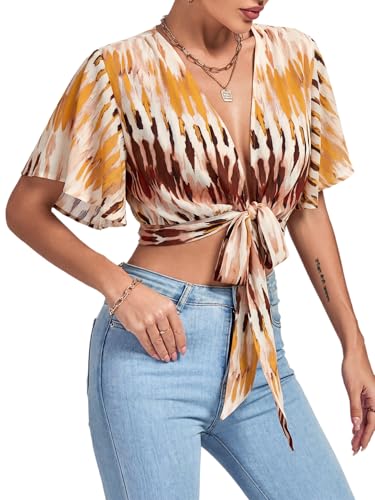 Image of LYANER Women's Sexy Deep V Neck Tie Front Wrap Cropped Blouse Bell Short Sleeve Ruffle Crop Tops