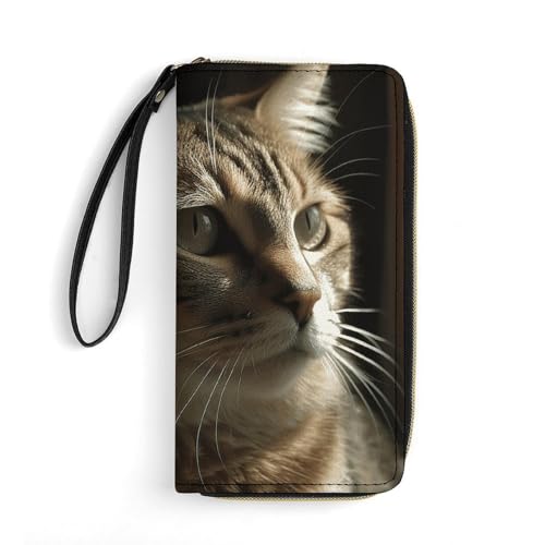 Tabby Cat Leather Wallet Smooth Zip Around Clutch Wristlet Travel Long Soft Purse for Women