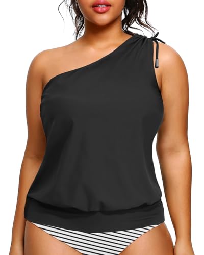 Women Plus Size Tankini Tops - 2025 Blouson Tummy Control Swim Top Only One Shoulder Bathing Suit Top No Bottom