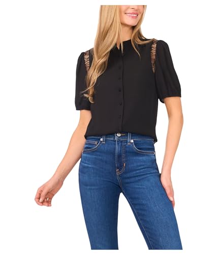 CeCe Womens Short Sleeve Button Front Lace Trim Top