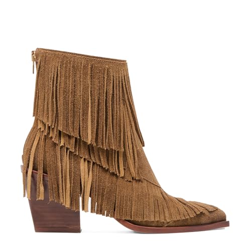 Fringed Ankle Boots Pointed Toe Suede Tassel Short Boots Chunky Heeled Booties for Women2