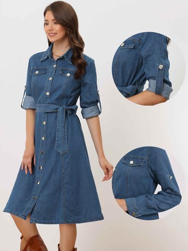 Allegra K Denim Dress for Women's Long Sleeve Button Down A-Line Belted Classic Jean Dresses2