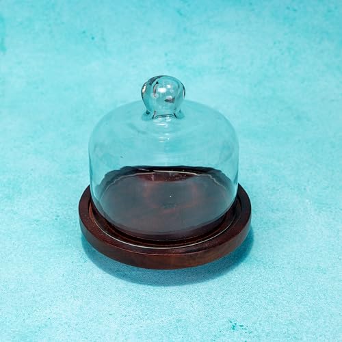 Image of Sugary Affair Acacia Wood Cake Stand with Glass Dome - Compact Wooden Cake & Dessert Display Stand, Glass Cloche for Cupcakes, Pastries & Small Cakes