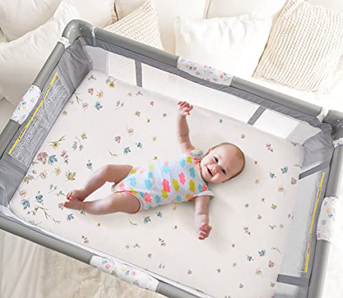 Image of TotAha Premium Stretchy Pack N Play Playard Sheets | Mini Crib Sheets (2-Pack)-Hypoallergenic, Silky Comfort, AButtery Soft, Calming Effect, All-Season Jersey-Knit (Blue Flower & Small Floral)