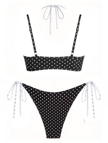 Image of ZAFUL Women's Polka Dot Bikini Set Double Layer Halter Swimsuit Colorblock Side Tie 2 Piece Bathing Suit