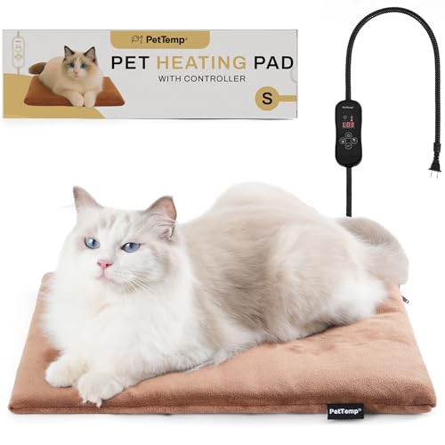 PetTemp Cat Heating Pad, Heated Cat Bed with 5 Heat Levels, Timer & Auto Shut-Off, Waterproof Warmer with Thick Fleece Cover, Chew-Resistant Cord, for Indoor & Sheltered Outdoor Use, 16" x 13"