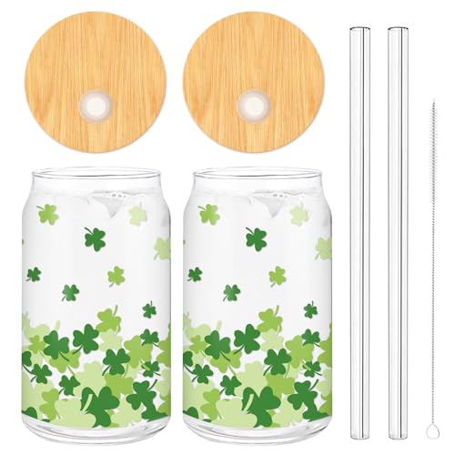 Whaline 2 Pack St Patrick's Day Drinking Glasses Green Shamrock Iced Coffee Cup Lucky Clover Beer Can Glass with Lid Straw Cleaning Brush for Home Office Gifts,16oz