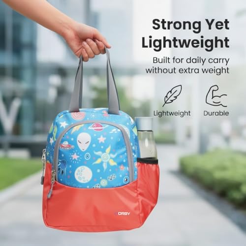 Image of ORBY Lunch Bag Galaxy Alien Red | Water-Repellent Durable Fabric | Tiffin Bag with Bottle Holder & Front Pocket | Strong Zipper & Spacious Meal Storage (Alien Pattern, Red)