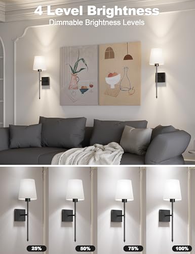 Image of JOFIOS Battery Operated Wall Sconce Set of 2, Black Rechargeable Wall Sconce with Detachable Bulbs and Fabric Shade, Dimmable Sconce Wall Decor Lights with Remote for Bedroom, Living Room, Entryway