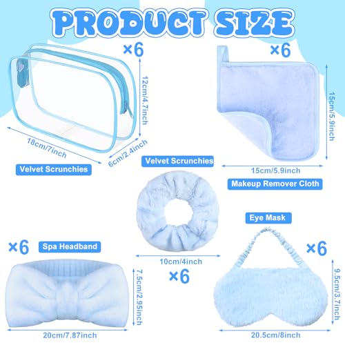 FIONUPI 30 Pcs Spa Sleepover Party Supplies 6 Bow Makeup Headband 6 Plush Sleep Eye Mask 6 Velvet Scrunchies 6 Makeup Remover Cloth 6 Clear Cosmetic Bags for Women Slumber Party Favors (Blue)