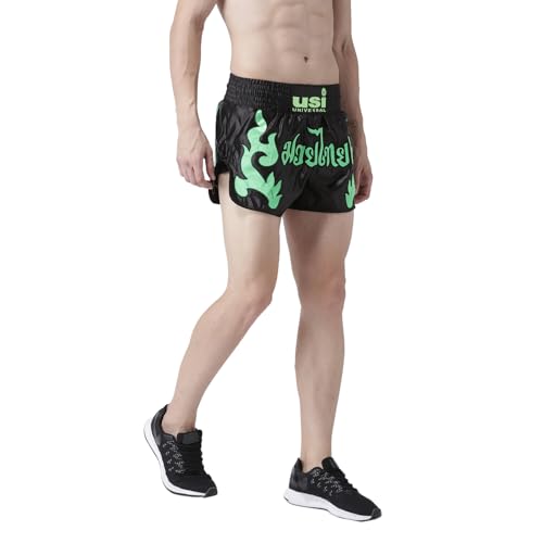 Image of USI Universal Muay Thai Shorts for Men Women, 410NG Boxing Kickboxing MMA Fight Clothing Training Workout Trunks (in, Alpha, S, Regular, Black /Green)