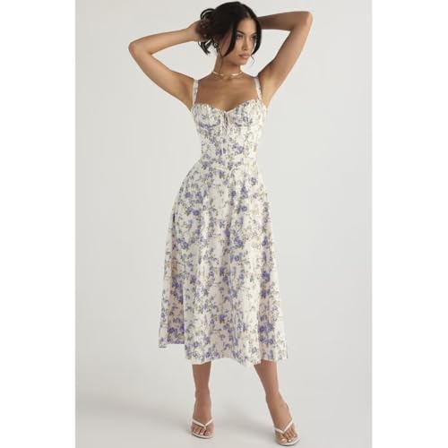 Image of Floral Corset Midi Dress Square Neck A Line Dress with Slit | Square neck floral midi dress with front tie bust wide straps A-line skirt side slit and lightweight fabric
