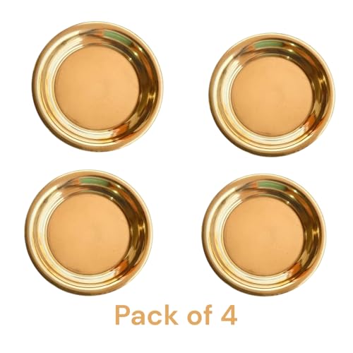 Image of Decorative Brass Plates 3.5 inch, Round Design Best for puja and bhog, Set of 4, Gold