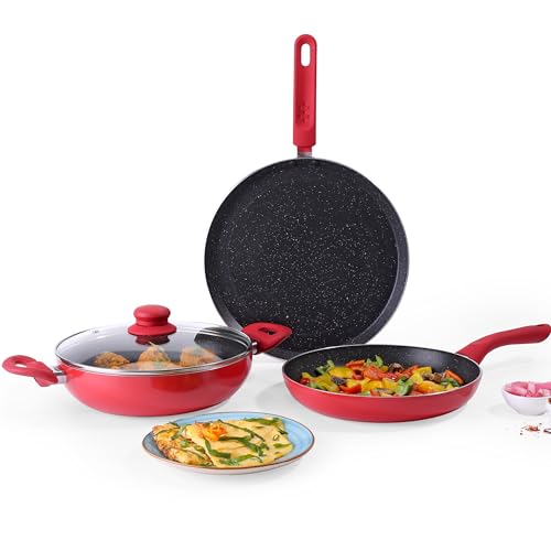 Milano Non-stick Cookware 4 Pc Set | Dosa Tawa, Fry Pan, Kadhai for cutlets, curries, dosas | PFOA Free | Virgin Aluminium | Energy Efficient | Dishwa