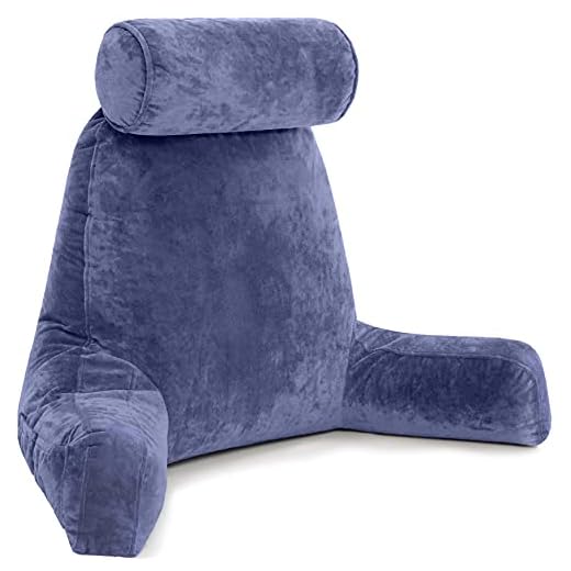 Husband Pillow - Dark Blue, Big Backrest Reading Bed Rest Pillow with Arms, Plush Memory Foam Fill, Remove Neck Roll Off Bungee, Change Covers, Zipper On Shell of Bed Chair for Adjustable Loft
