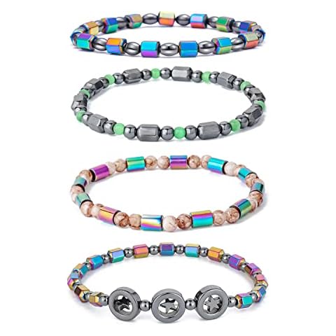 VALIJINA 4pcs Hematite Magnetic Therapy Anklet - Magnetic Slim Hematite Anklet Relieve Joint Pain Anti Swelling Anklet Circle Star Magnetic Color Anklet for Women Men, Stone, hematite Cover