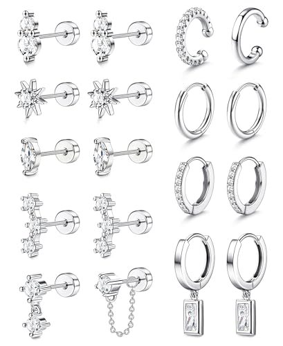 MILACOLATO 20G Hypoallergenic Flat Back Earrings for Women 316L Surgical Steel Flatback Stud Earrings Trendy Small Huggie Hoops Ear Cuffs Cartilage Earring Stacks Earring Sets for Multiple Piercing