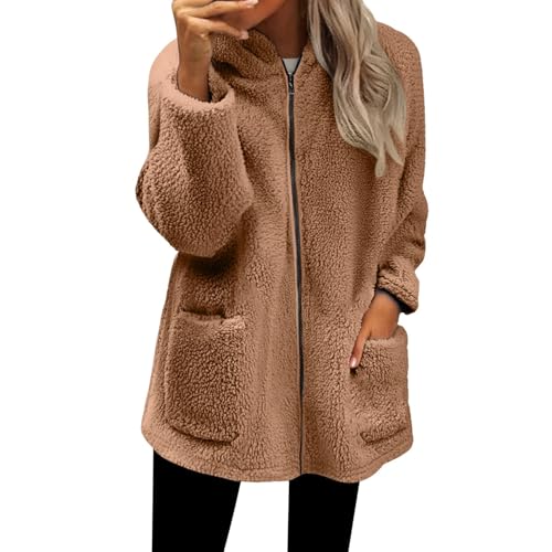 Womens Fleece Zip Up Jacket with Pockets 2025 Oversized Long Sherpa Hoodie Fuzzy Jackets Warm Teddy Coat