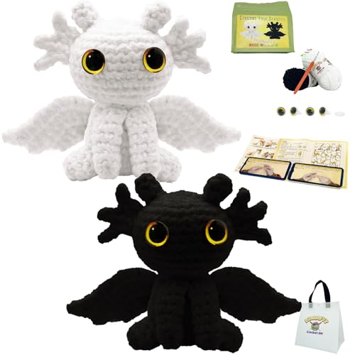 Image of LuNuaFvy Crochet Kit for Beginners, Adults & Kids, Complete Animal Starter Kit to Make 2 Amigurumi Dragons,DIY Gift with Easy-to-Follow Book & Video Tutorial, Soft Yarn, 2 Bags