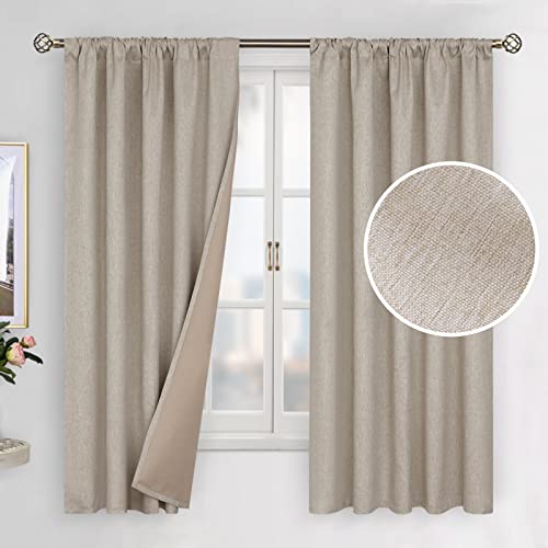 Bgment Linen Textured 100% Blackout Curtains For Bedroom, Rod Pocket Double Layers Thermal Insulation Room Darkening Curtains With Liner For Living Room, 2 Panels, 52 X 63 Inches, Linen Color #TOP27