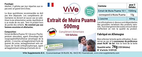 Muira Puama Extrakt 500mg Kapseln - 120 Kapseln - Vegan - HOCHWERTIGER 10:1 Extrakt - Hochdosiert | Qualität aus Deutschland von ViVe Supplements