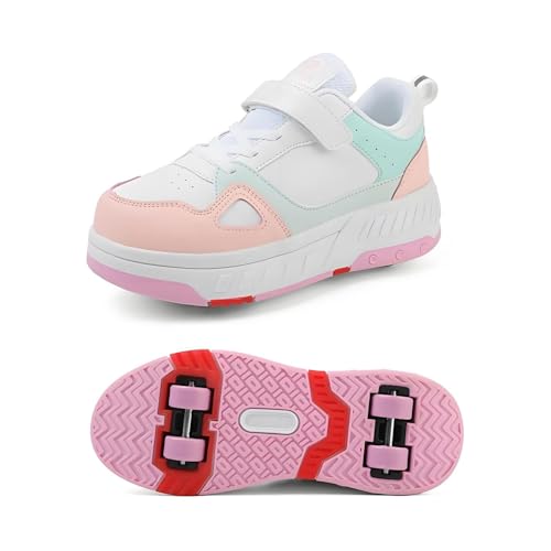 PJKUIFYX Zapatillas con Ruedas Patines Técnicos Retráctiles Zapatillas Deportivas Niños Patines Ruedas Outdoor Zapatillas Deportivas Niños y Niñas 4 Patines Ruedas,Pink-36 EU