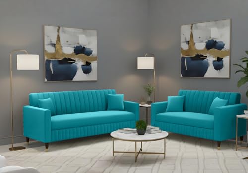 Image of AMATA Omega 3+2 Seater SkyBlue Suede Velvet Fabric Sofa Set with Two Cushions Perfect for Home Office Guests Living Room (06 Sky Blue, Omega 3+2 Seater Sofa)(3 Year Warranty)