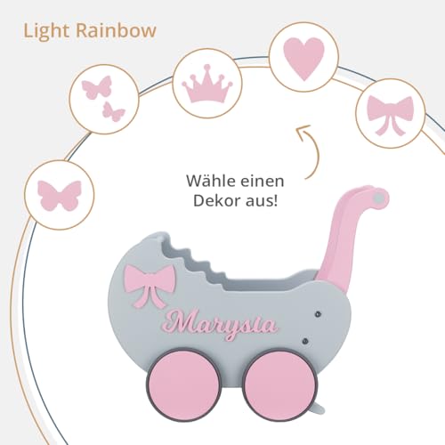 Puppenwagen ab 1 Jahr - Individuell mit Namen - Handgefertigter Puppenwagen - Holzpuppenwagen - Sicher Abgerundete Kanten - Ausdrucksstarke und Schöne Farben (Grau-rosa) – Bild 6