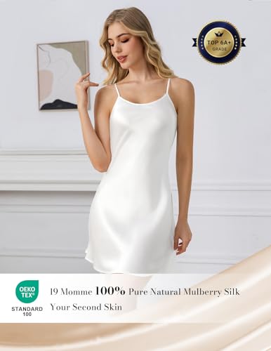 Image of THXSILK Women's Silk Nightgown, 100% Real 19 Momme Mulberry Silk Sleepwear Round Neck Spaghetti Strap Chemise Nightdress