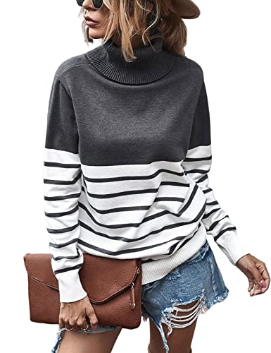 TOMEEK Jersey Cuello Alto para Mujer Sueter Tejido Mujer Jersey Punto Rayas Pullover Sweater Suéter de Invierno Mujer Básico Jersey, Gris Oscuro, Talla M Cover