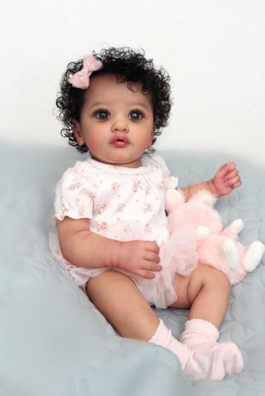 Pinky Reborn Dolls 23 inch 57cm New Reborn Black Skin Girl Dolls with Rooted Curly Black Hair Soft Cuddle Body Toys