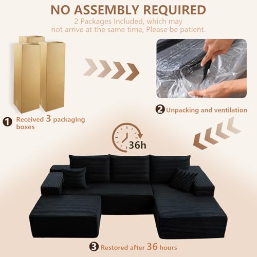 Image of 95 inch W Cloud Sectional Couch with Ottoman,Modern U-Shaped Cloud Couch with Deep Seat,Comfy Corduroy Sofa,Memory Foam Sofa for Living Room,No Assembly (Jet Black,Right-Facing Chaise)