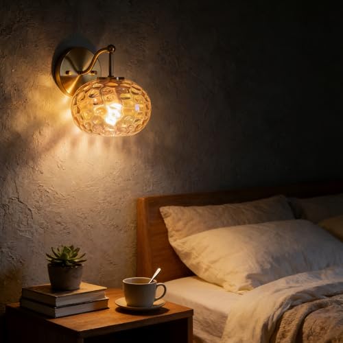 Image of Modern Iridescent Glass Wall Sconce Gold Brass Wall Light Set of 2 Hammered Amber Glass Vanity Light for Bedroom Hallway Living Room Stairwell Bathroom Over Mirror