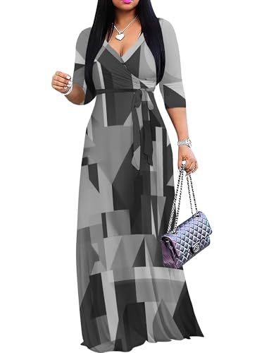 Image of Womens Plus Size Maxi Dresses Casual 3 /4 Sleeve Sundress Fall Wedding Guest Dress with Belt