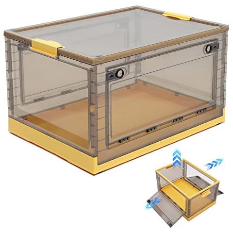BTGGG Collapsible Storage Boxes Medium 30L Stackable Clear Plastic Wardrobe Storage Box Organizer 41*30*25cm, 3 Sides Openable for Easy Access, Folding Containers Bin for Books Toys Clothes(Yellow) Cover