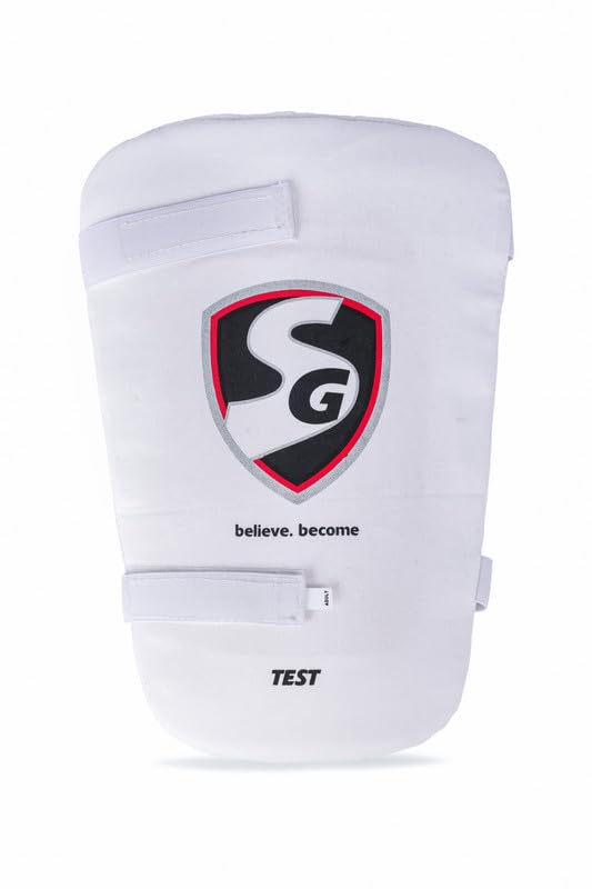 SG Test Thigh Pad | Color: White | Size: S Junior | Material: Foam | for Men & Boys | Lightweight | Durable | Adjustable | Low Density Foam | Elastic Hook and Loop Straps