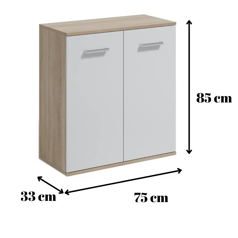 3E 3xE living.com Komoda z 2 szufladami i drzwiami, Dąb Sonoma/biały, L: 75cm, H: 85cm, P: 33cm, Szafa do przechowywania, pokój dla dorosłych, kredens salon, komoda sypialnia, przechowywanie sypialni